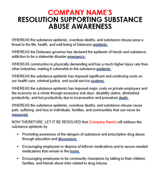Construction Employer Resolution Supporting Substance Abuse Awareness
